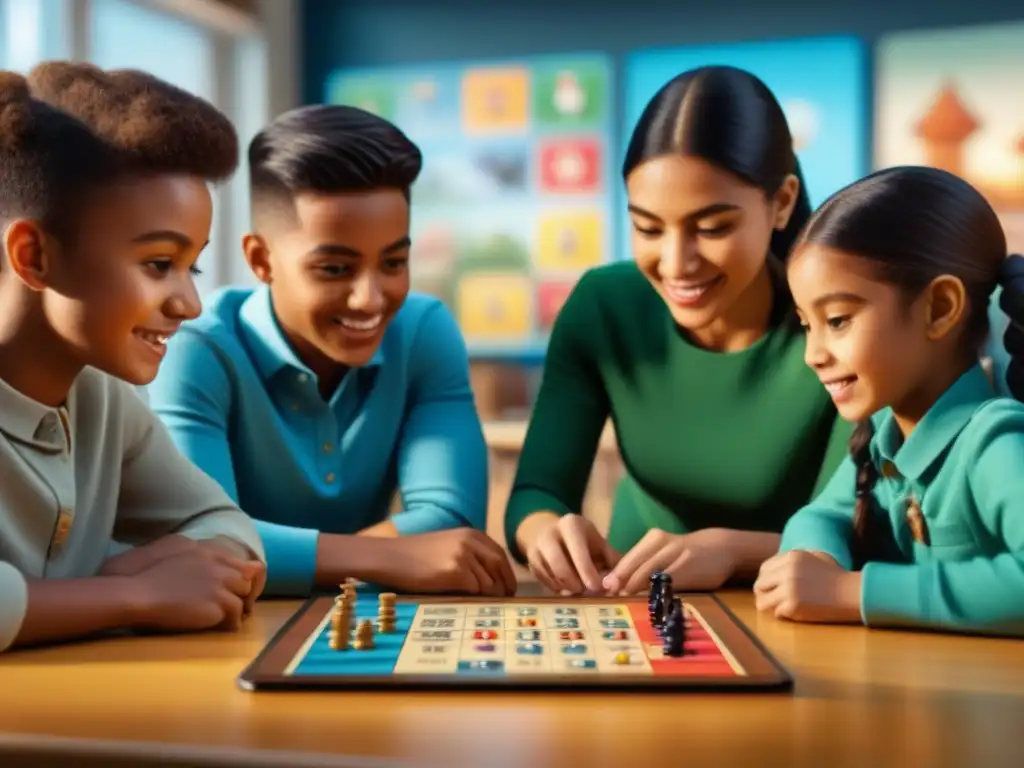 Un emocionante juego de mesa en el aula resalta la neuroeducación en juegos de mesa, con niños diversos disfrutando de un desafío educativo