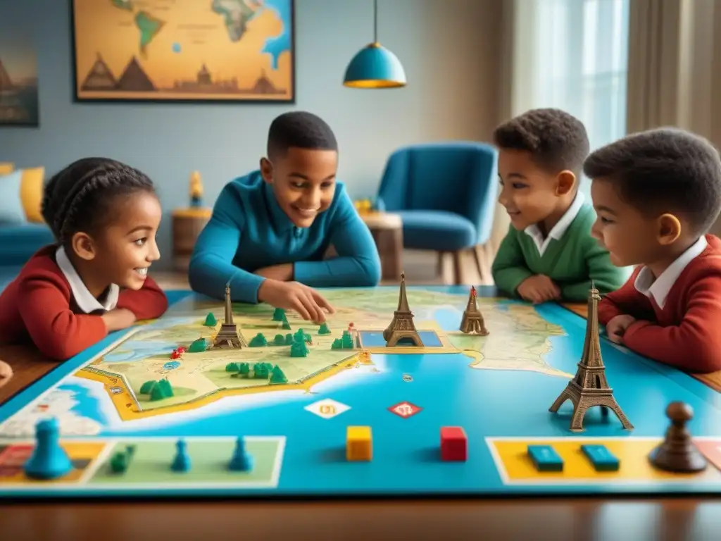 Un emocionante juego de mesa de geografía con niños descubriendo el mundo