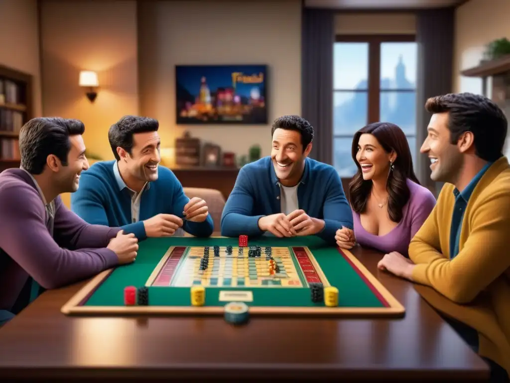 Un emocionante juego de mesa Friends nostalgia: amigos disfrutan de una partida animada, reviviendo momentos icónicos de la serie