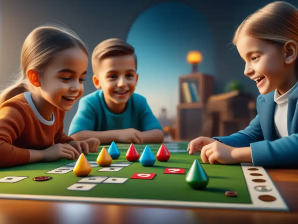 Un emocionante juego de mesa para niños: pequeños concentrados y felices interactúan con piezas y dados coloridos en un entorno educativo y divertido