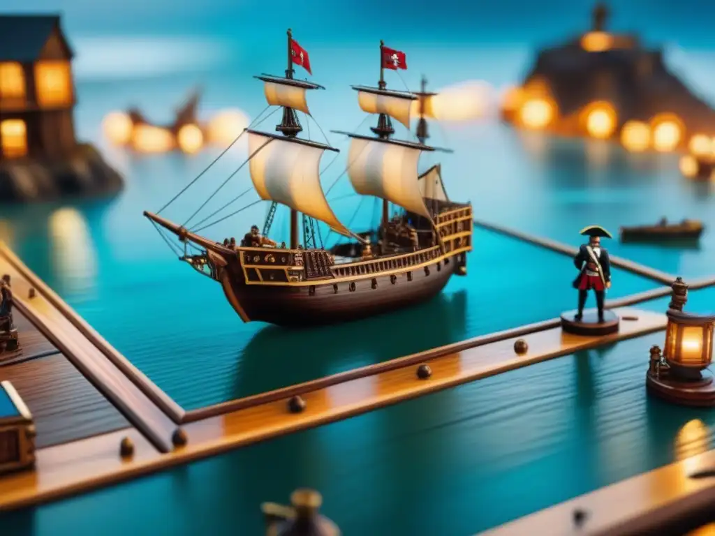 Aventura pirata en miniatura: detalladas piezas de juego pintadas a mano en un tablero de madera Emocionante juego de mesa Piratas del Caribe con piezas detalladas y coloridas en un tablero de madera iluminado cálidamente
