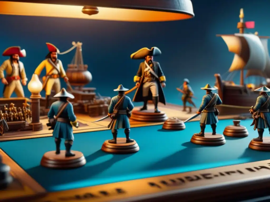 Juego de mesa Piratas del Caribe: emoción y detalle Emocionante juego de mesa Piratas del Caribe: jugadores entusiastas en dramática batalla naval, iluminados por cálida luz de lámpara