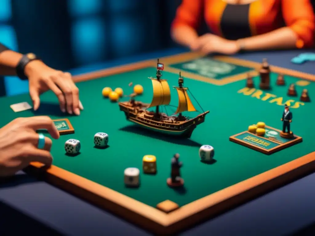 Épica batalla naval en 'Piratas del Caribe': estrategia y emoción Un emocionante juego de mesa Piratas del Caribe: jugadores estrategizando con barcos, islas y criaturas marinas en un ambiente acogedor