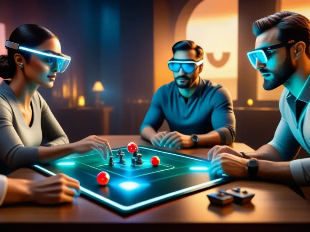 Un emocionante juego de mesa de realidad aumentada con jugadores inmersos en un mundo futurista y tecnológico