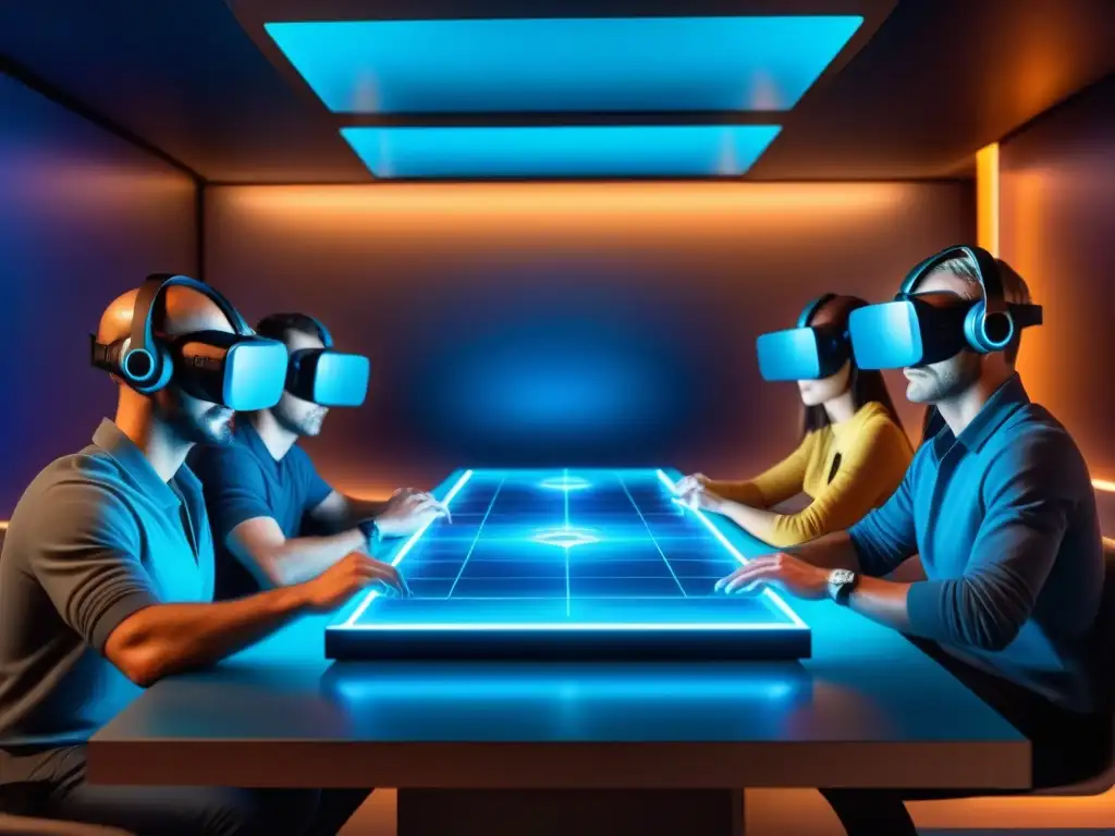 Immersión futurista en juego de mesa holográfico Un emocionante juego de mesa de Realidad Virtual envuelve a jugadores en un mundo futurista y holográfico