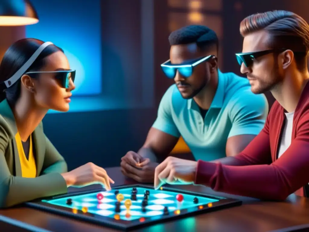 Un emocionante juego de mesa de realidad aumentada, jóvenes interactúan con hologramas en ambiente tecnológico futurista