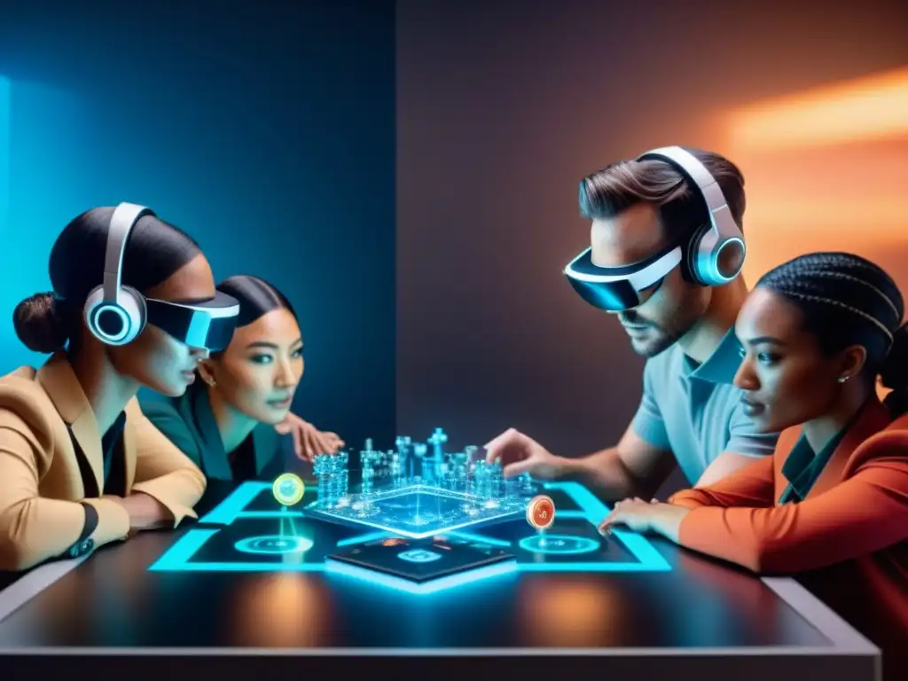 Un emocionante juego de mesa en realidad mixta: diversidad, tecnología holográfica y entusiasmo en un ambiente moderno y luminoso