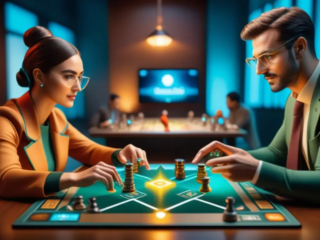 Un emocionante juego de mesa con realidad aumentada, jugadores discuten estrategias con hologramas dinámicos