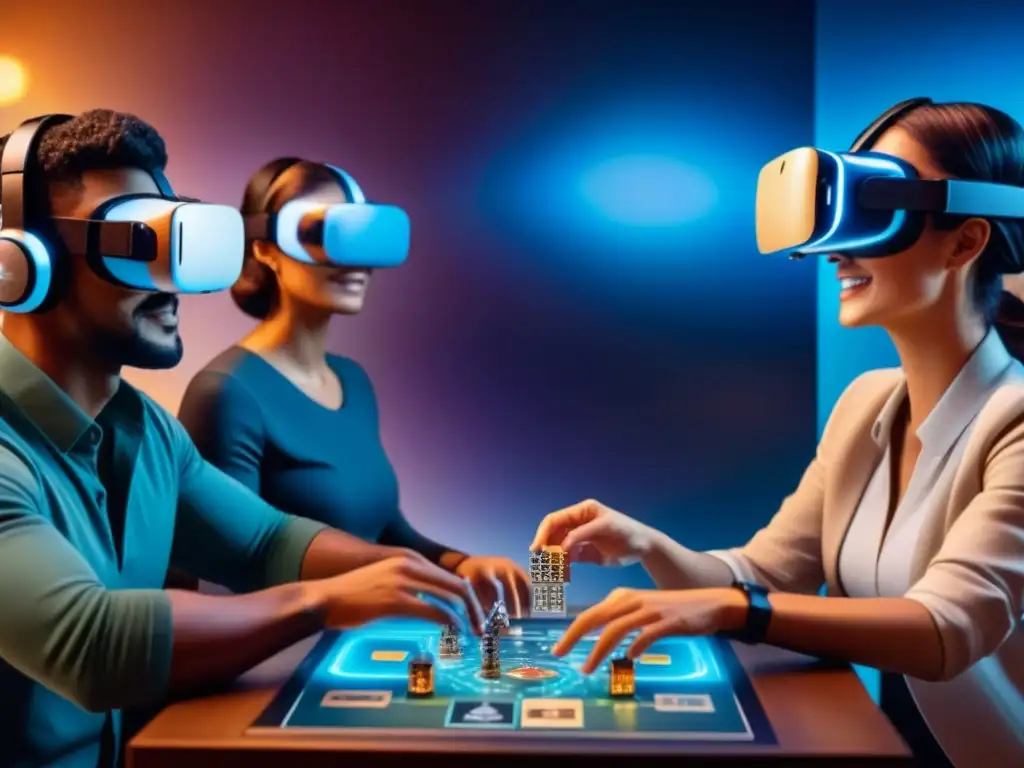 Un emocionante juego de mesa en realidad virtual con jugadores diversos interactuando con tecnología VR