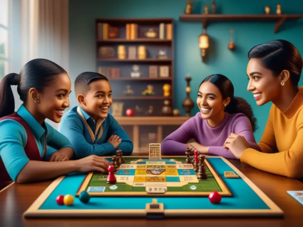 Diversión multicultural: Niños disfrutando de un juego de mesa detallado Un emocionante juego de mesa renacimiento con niños de diferentes etnias y géneros concentrados y felices en una habitación cálidamente iluminada