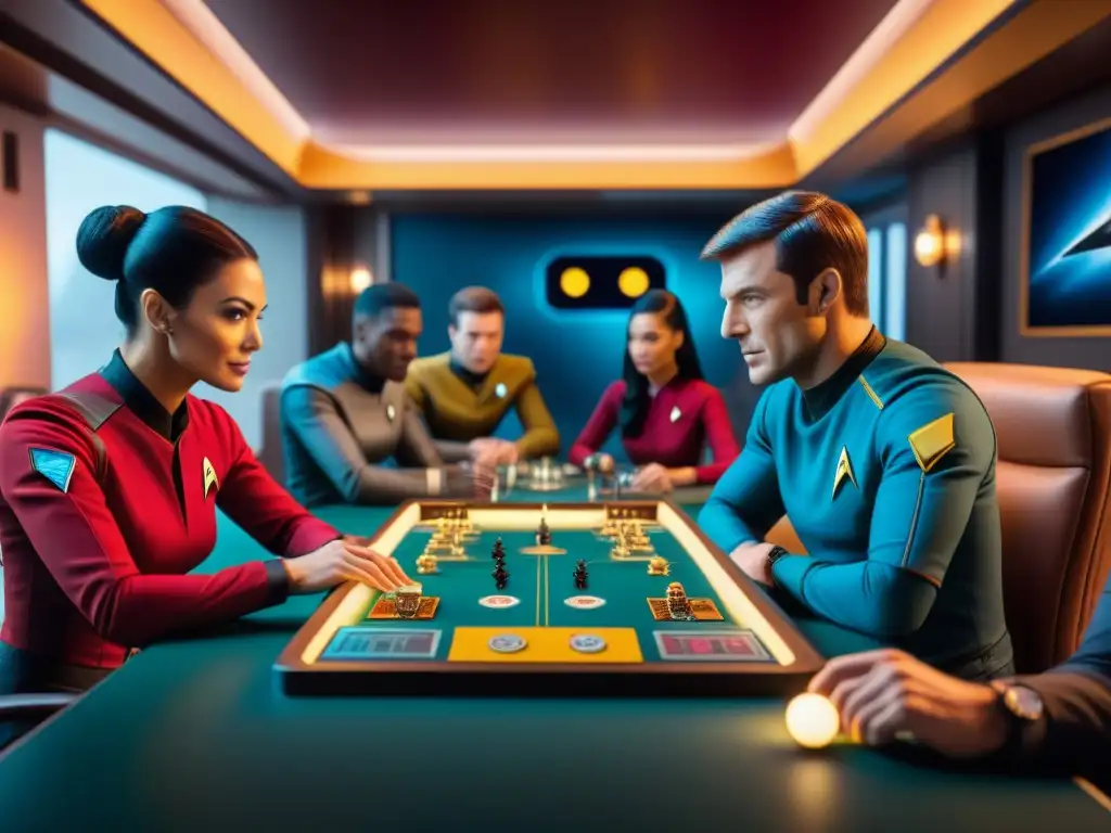 Un emocionante juego de mesa Star Trek en una sala acogedora con amigos concentrados y emocionados