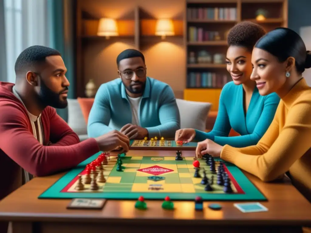 Un emocionante juego de mesa en una sala acogedora con diversidad de jugadores concentrados