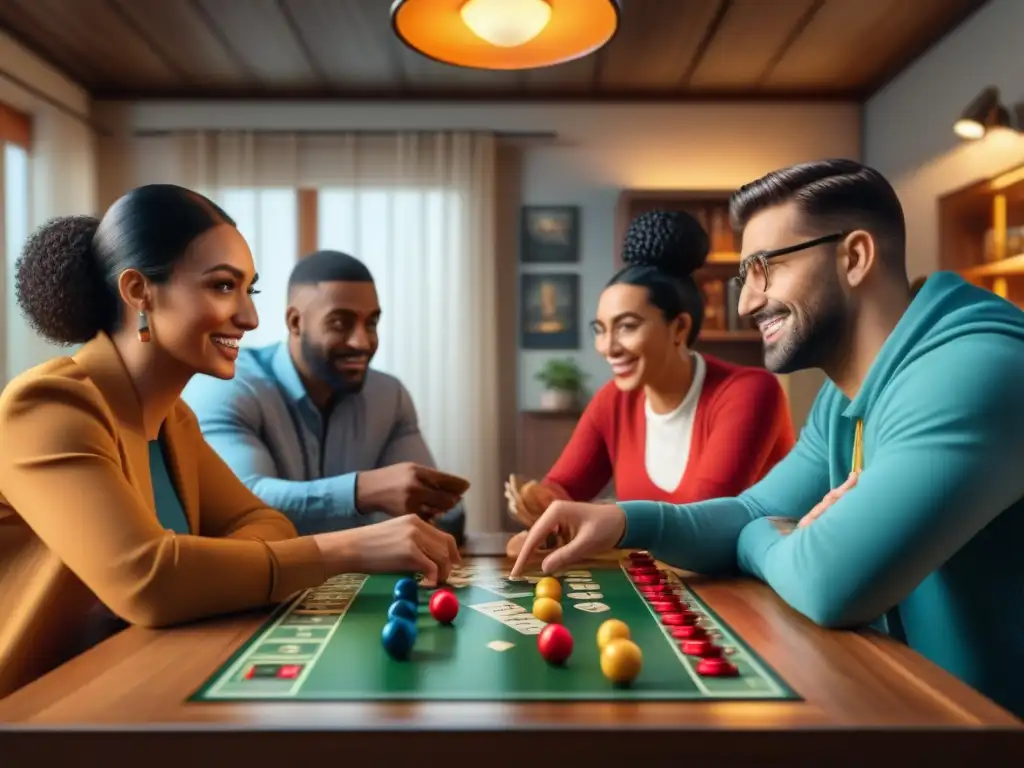 Un emocionante juego de mesa en una sala acogedora, con jugadores diversos concentrados y emocionados