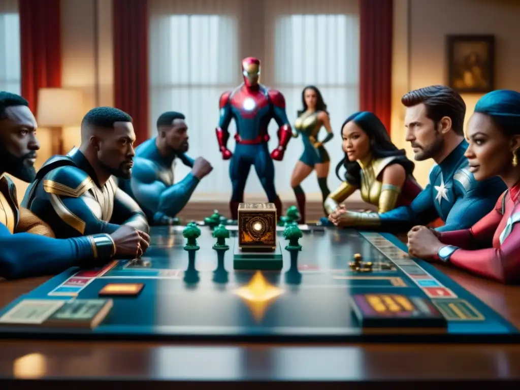 Un emocionante juego de mesa Marvel en una sala acogedora y vibrante, capturando la evolución de los juegos de mesa Marvel