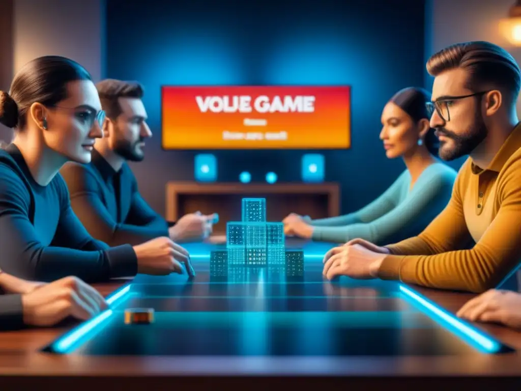 Un emocionante juego de mesa con tecnología blockchain, jugadores diversos concentrados