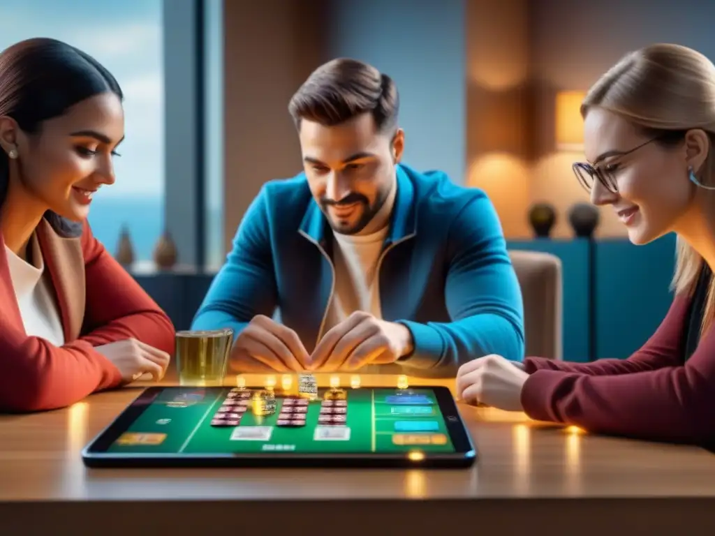 Un emocionante juego de mesa con tecnología NFC, jugadores diversos disfrutan de efectos digitales en una tablet