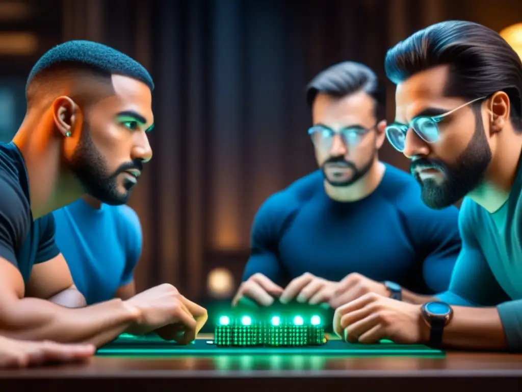 Un emocionante juego de mesa con tecnología Blockchain integrada, jugadores concentrados en una fusión de lo tradicional y lo tecnológico