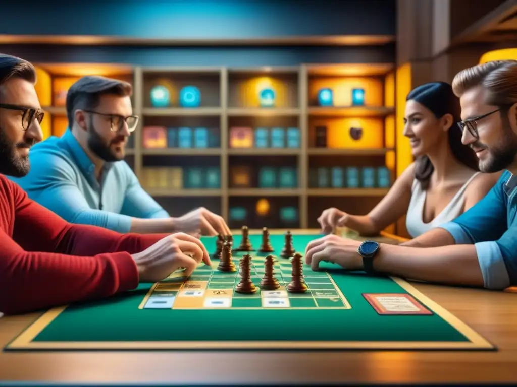 Un emocionante juego de mesa en café temático, con jugadores concentrados en estrategia