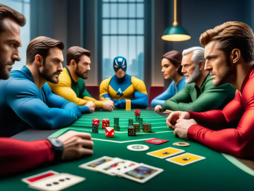 Un emocionante juego de mesa temático de Marvel con jugadores concentrados rodeados de cartas, dados y figuras de superhéroes