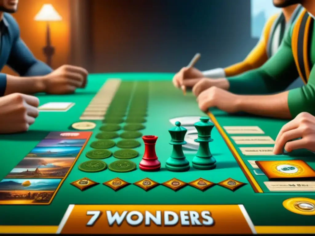 Un emocionante juego de mesa 7 Wonders: amigos concentrados en estrategias y diversión