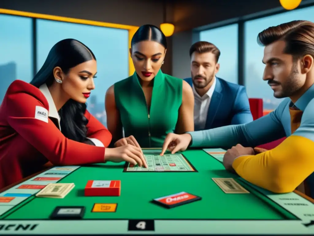 Un emocionante juego de Monopolio Nike Edition con jugadores concentrados rodeados de dinero y propiedades