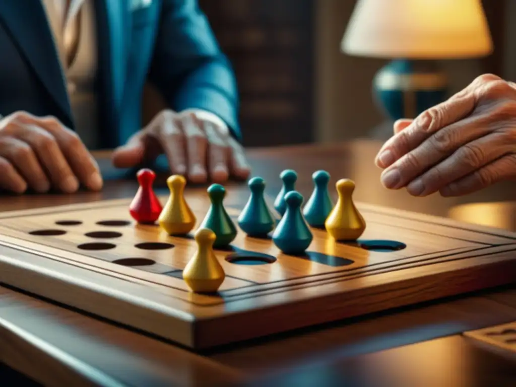 Un emocionante juego de Parchís en familia: manos detalladas moviendo piezas coloridas en un tablero de madera