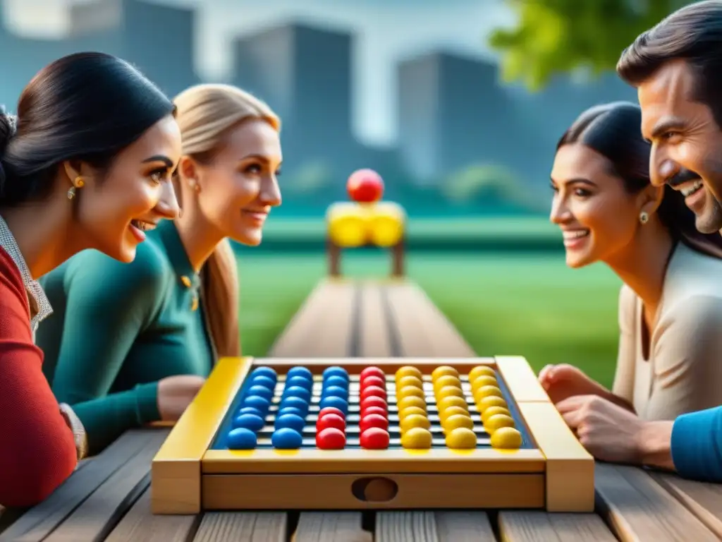 Un emocionante juego de 'Connect 4' en el parque, mostrando diversidad y diversión