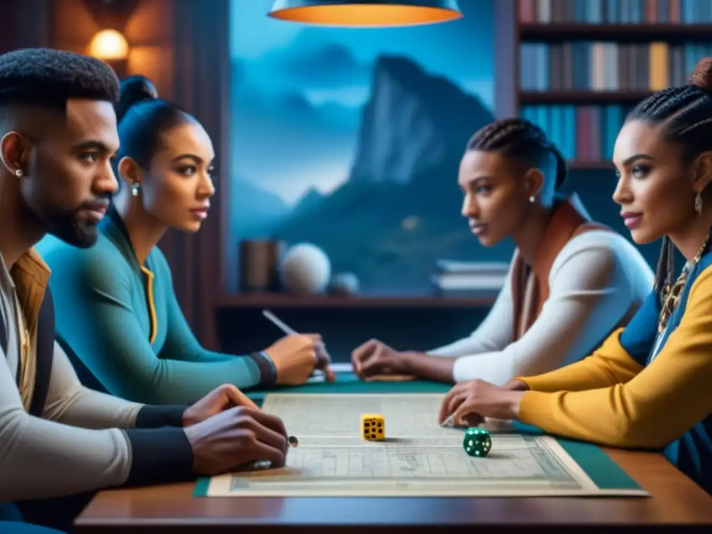 Intensa partida de rol: diversidad y emoción en mesa de juego Emocionante sesión de juego de rol con jugadores diversos inmersos en el desarrollo de trama