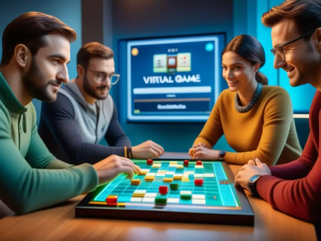 Un emocionante juego de Scrabble digital en pantalla táctil con jugadores concentrados