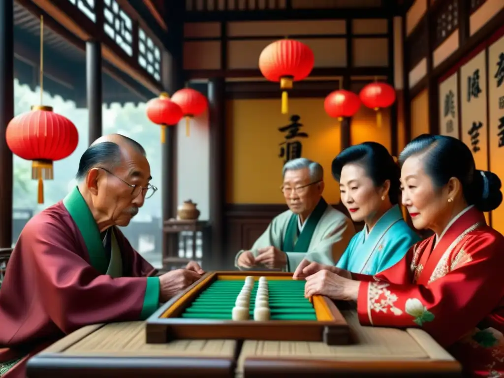 Partida de Mahjong: emoción y tradición en teahouse chino Un emocionante juego de Mahjong en un teahouse tradicional chino