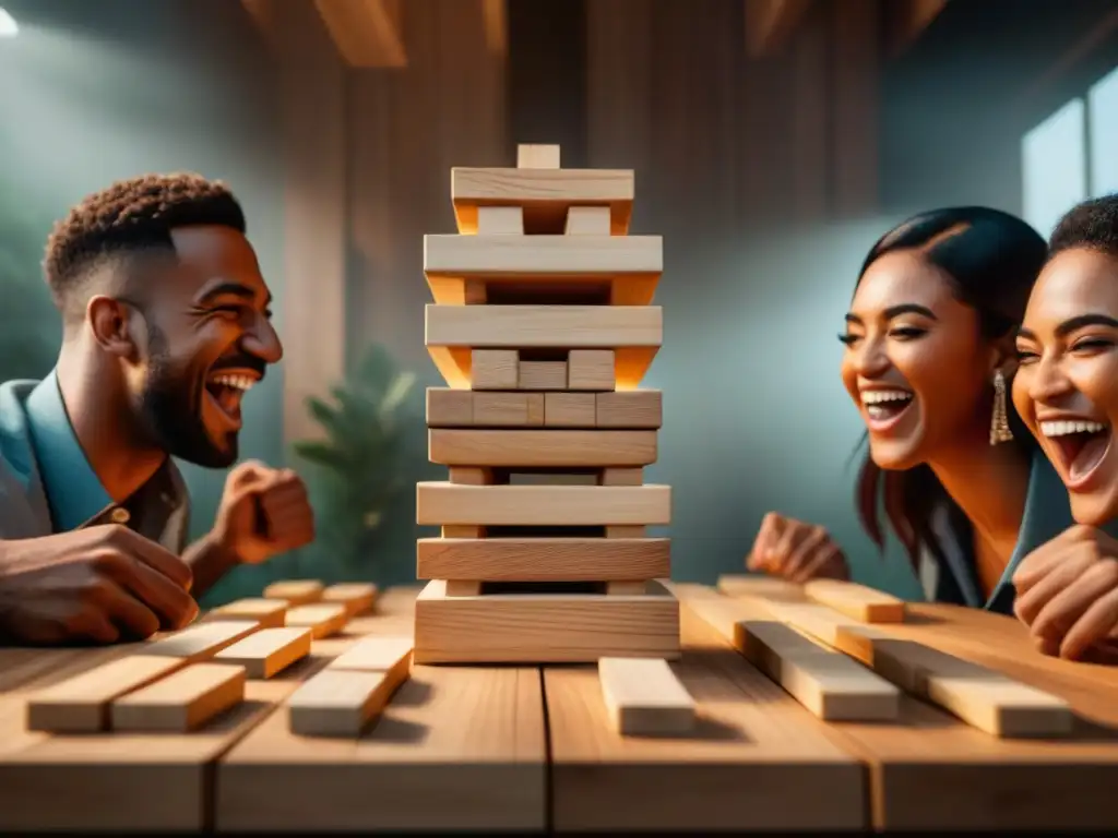 Un emocionante momento de diversión y amistad entre amigos jugando Jenga, capturando la esencia de la historia del juego Jenga