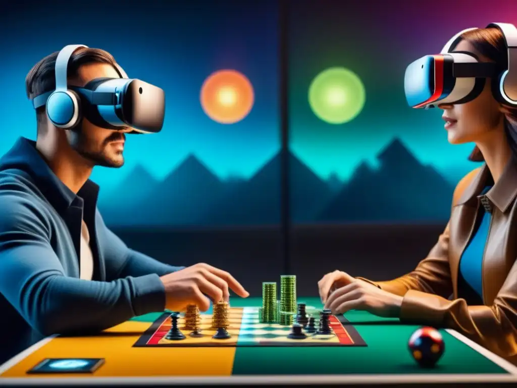 Juego de mesa futurista en realidad virtual: inmersión total Un emocionante mundo virtual de juegos de mesa con personas usando auriculares de Realidad Virtual en juegos de mesa