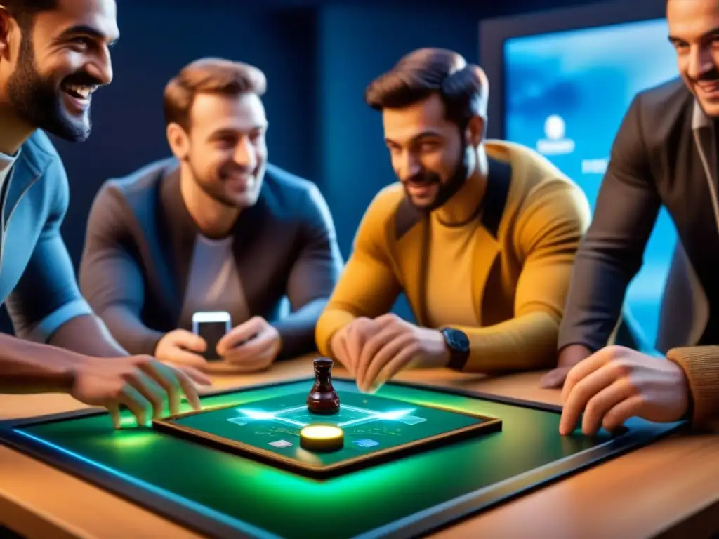 Una emocionante partida de juego de mesa con tecnología NFC, jugadores concentrados interactuando con el tablero futurista iluminado