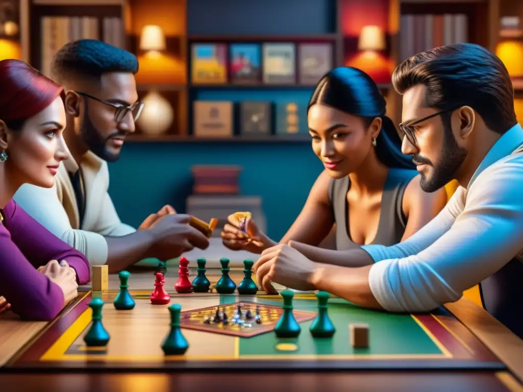 Una emocionante partida de juegos de mesa con diversidad de jugadores concentrados