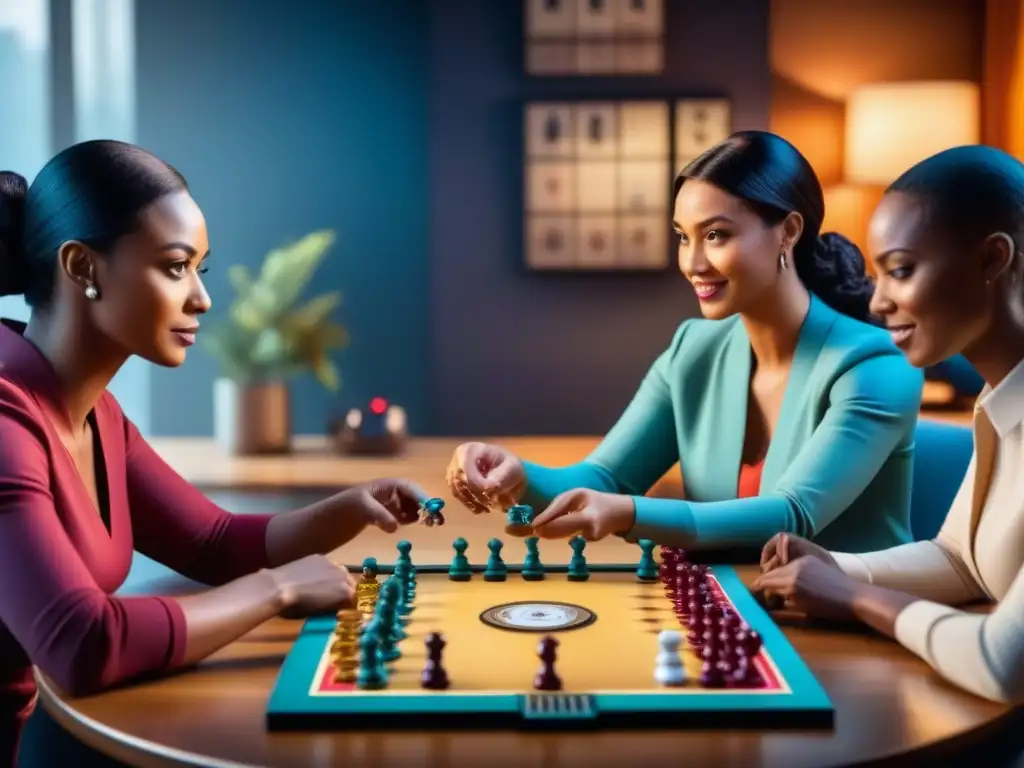 Partida de juego de mesa inclusiva con inteligencia artificial Una emocionante partida de juegos de mesa con inteligencia artificial, con jugadores diversos concentrados y entusiasmados