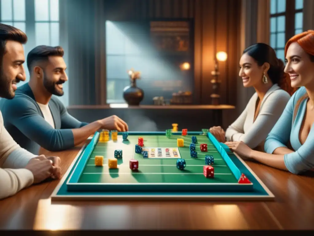 Una emocionante partida de juegos de mesa personalizados entre amigos de diversas edades, géneros y etnias