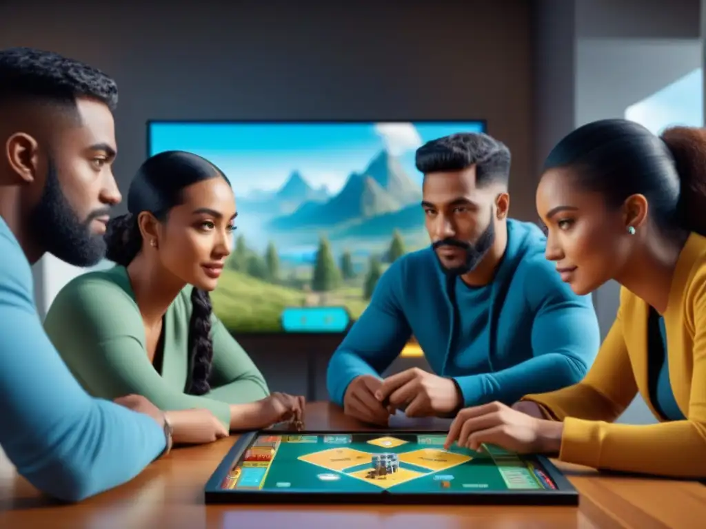 Una emocionante partida de juegos de mesa con realidad aumentada en un salón moderno