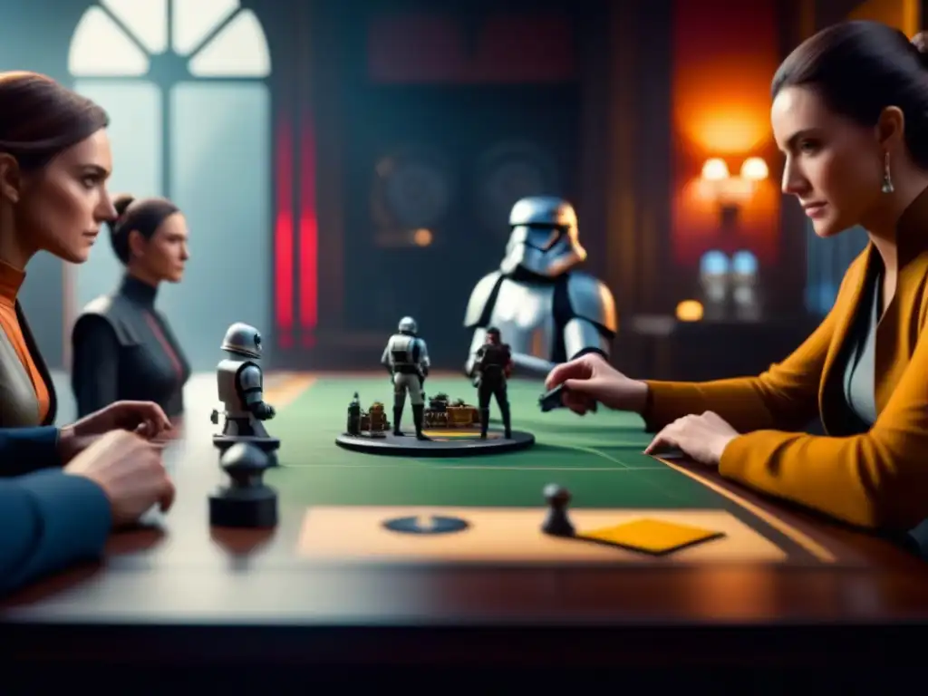 Una emocionante partida de Star Wars: Rebellion, juegos de mesa basados en películas, con amigos concentrados en estrategias galácticas