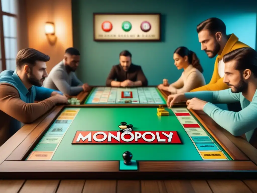 Una emocionante partida de una nueva versión del clásico Monopoly en una mesa de madera bellamente decorada