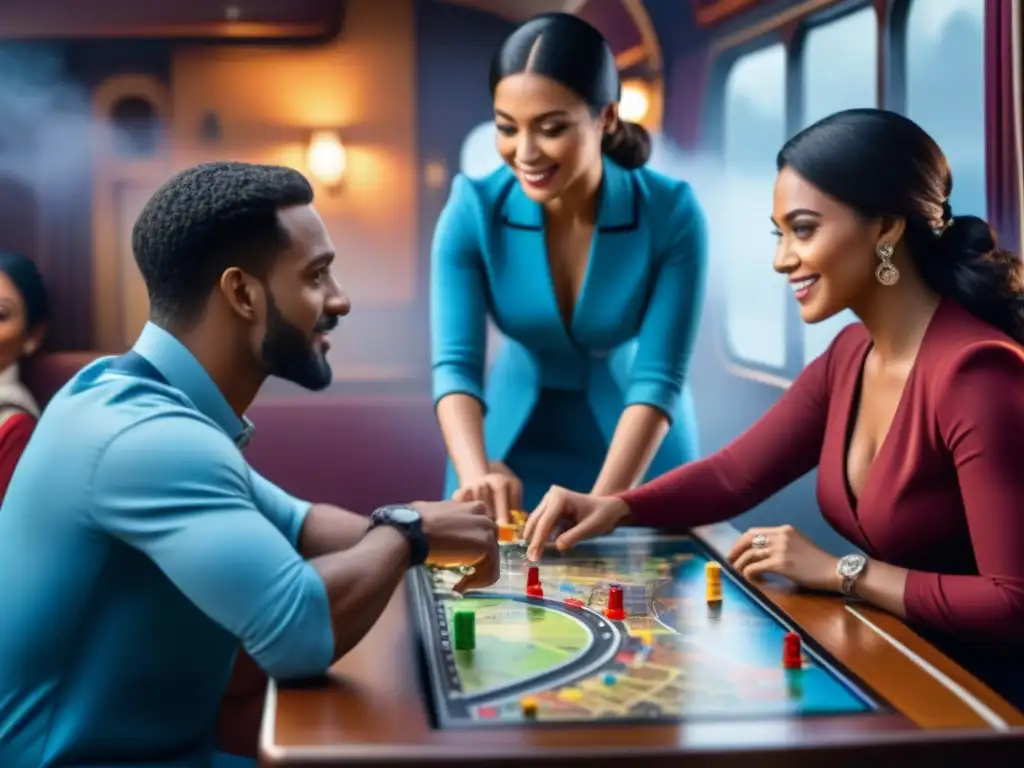 Una emocionante partida de Ticket to Ride reúne a personas de distintas edades y etnias alrededor de la mesa, mostrando diversión y concentración