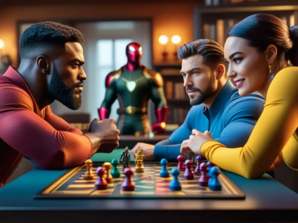 Una emocionante reseña Marvel United juegos de mesa: Jugadores diversos disfrutan animadamente en una partida llena de estrategia y diversión