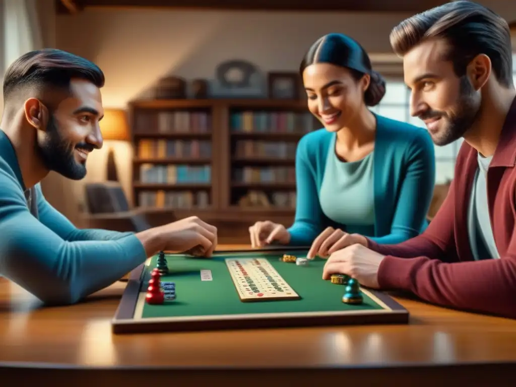 Emocionante reunión de amigos jugando juegos de mesa con una app digital, en ambiente acogedor