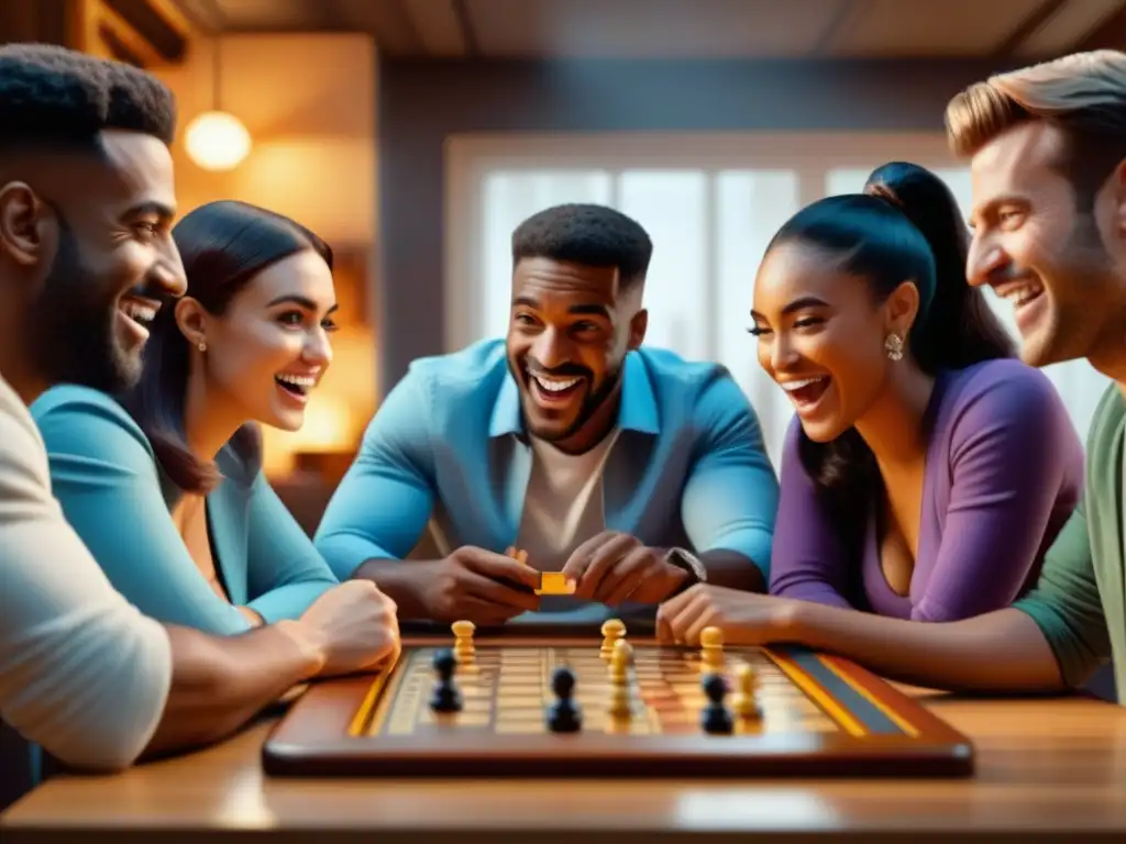 Emocionante reunión de amigos disfrutando de juegos de mesa móviles en ambiente acogedor