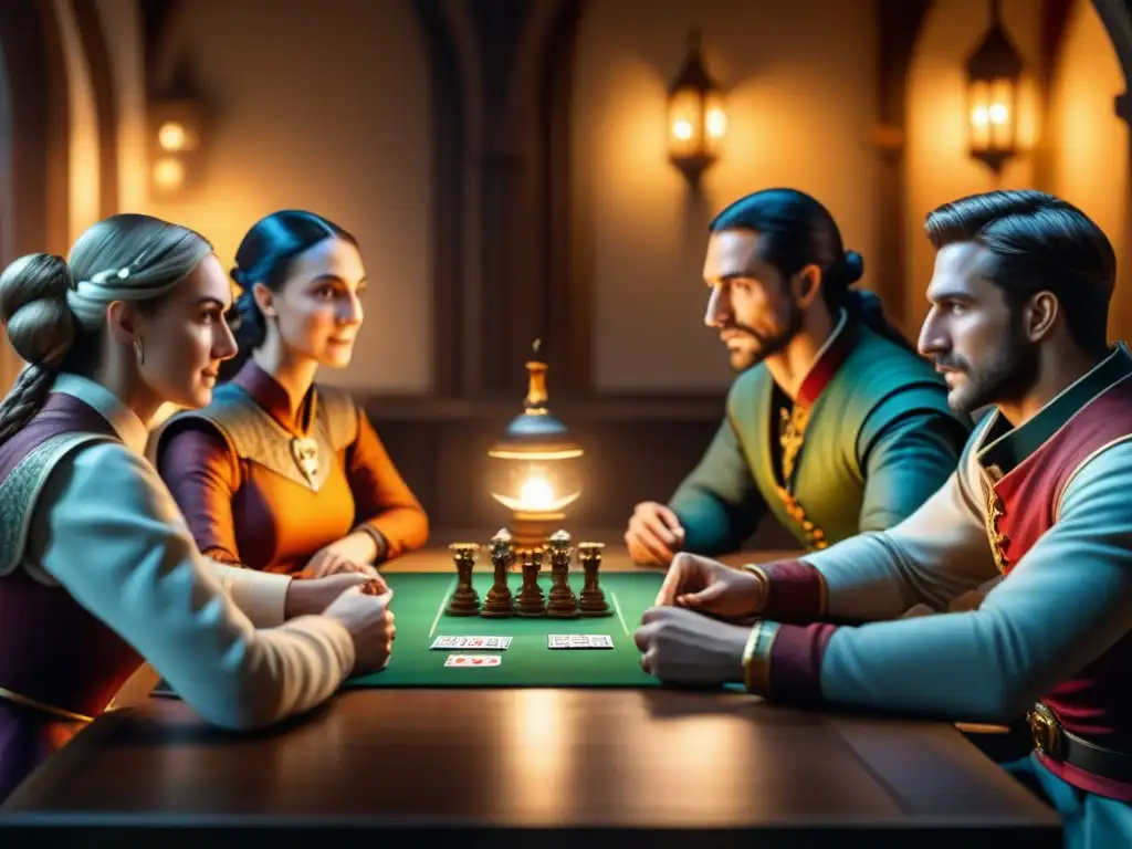 Emocionante reunión épica de amigos en juego de cartas en mundo medieval