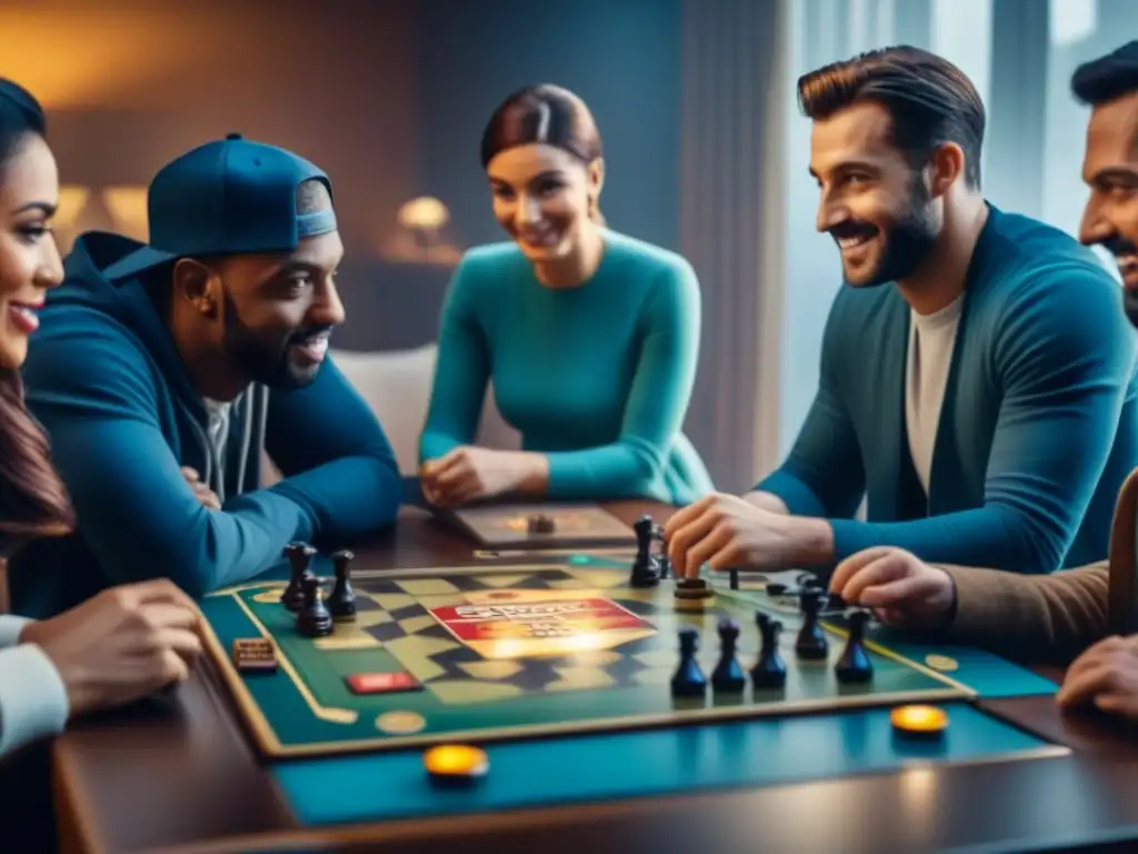 Emocionante reunión de personas descubriendo juegos de mesa de segunda mano, reflejando la psicología de compra