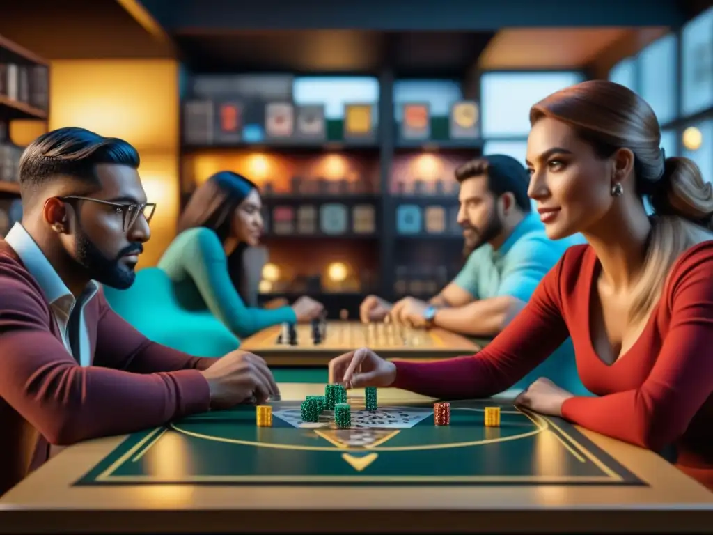 Una emocionante sesión de juegos de mesa en un café moderno, con jugadores concentrados