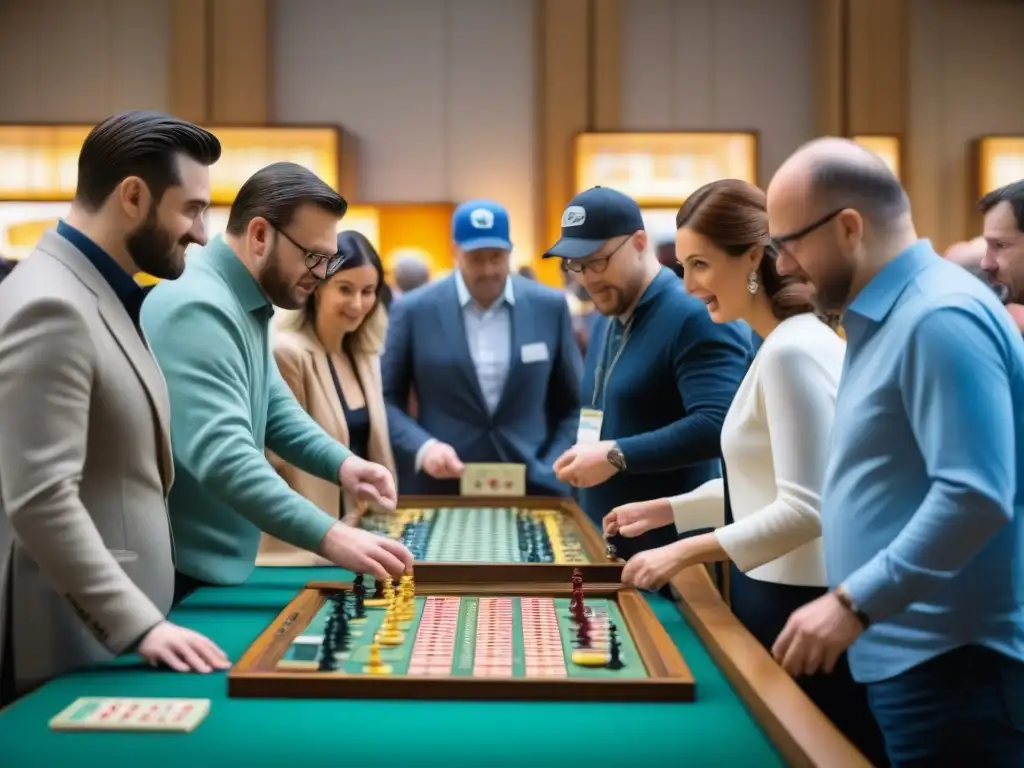 Una emocionante subasta de juegos de mesa, con participantes pujando por piezas únicas y raras