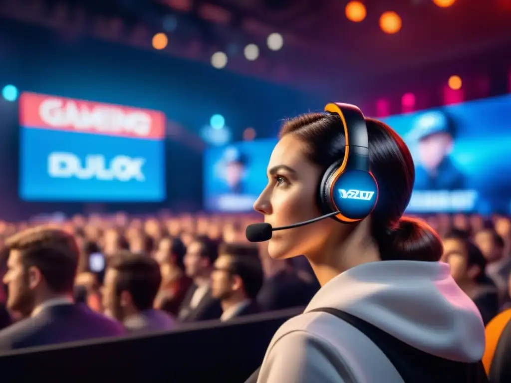 Competencia de eSports: Joven jugadora concentrada en el escenario Emocionante torneo de esports con estrategias de patrocinio en un auditorio lleno de público diverso y vibrante ambiente de juego en vivo