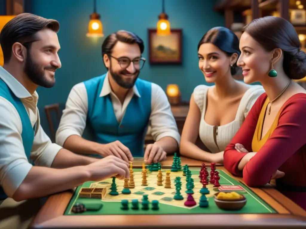 Emotiva escena en un café de juegos de mesa, jugando 'The Settlers of Catan'