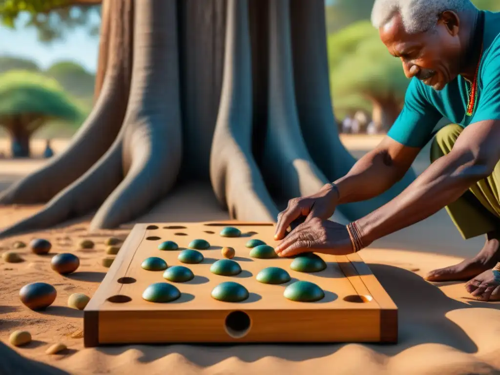 Emotivo juego de Mancala africano entre niño y anciano bajo un baobab centenario